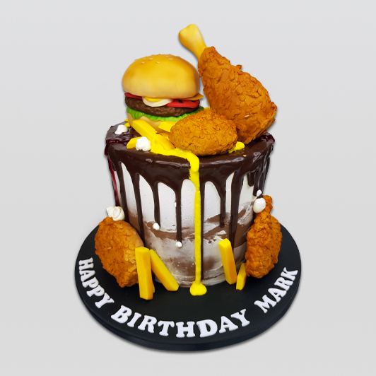 burger and fried chiken cake