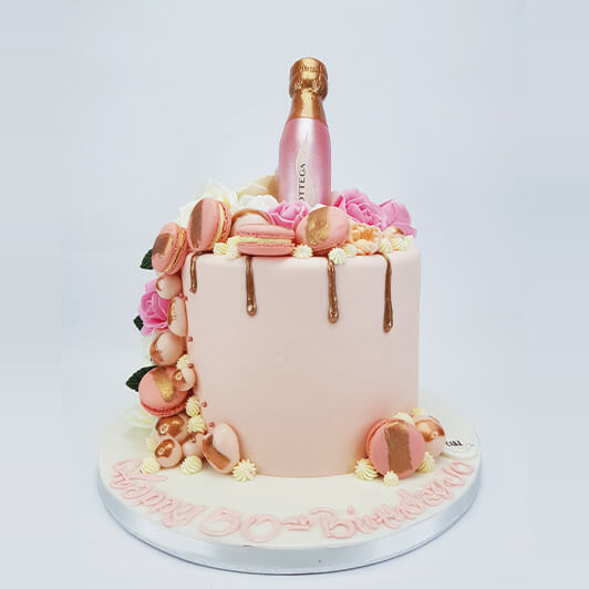 Pink Floral Macaroon Champagne Cake