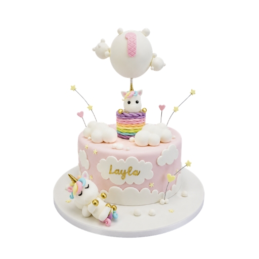 Rainbow hot air balloon unicorn cake